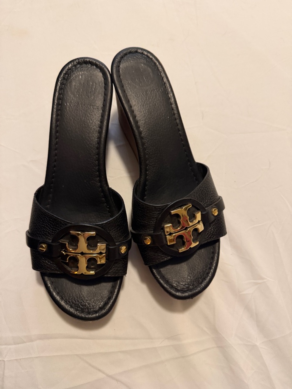 Tory Burch Black Leather Slide Mules with Gold Logo Medallions